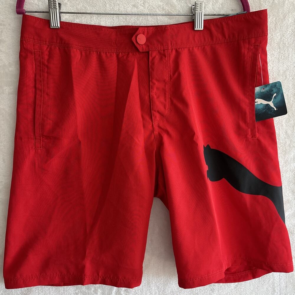 Puma 20” Boardshorts Red Mens 32 Swim Trunks Big Logo Regular Fit Water Repel
